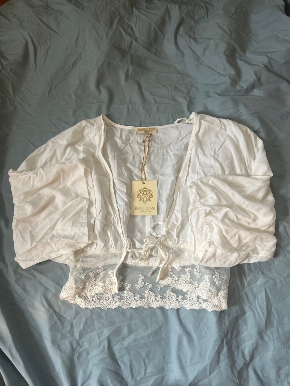 Rebellion White Lace Trim Cropped Blouse Tie Front Puff Sleeve